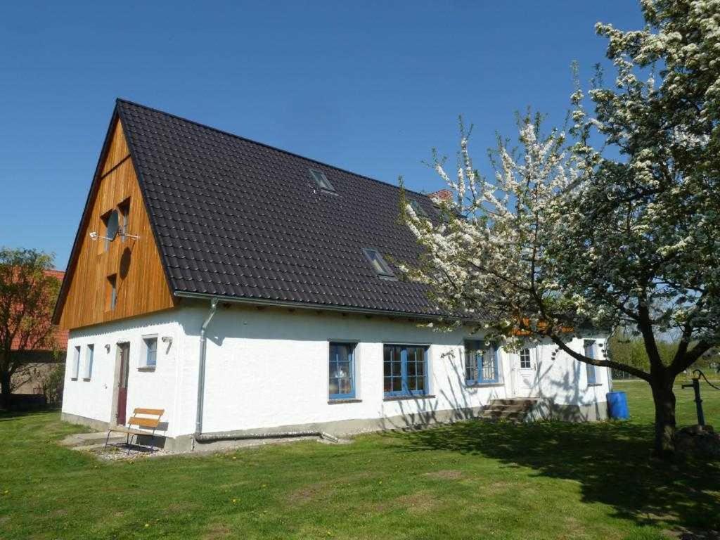une maison blanche avec un toit noir dans l'établissement Ferienhaus Villa Apfelbaum, à Krien