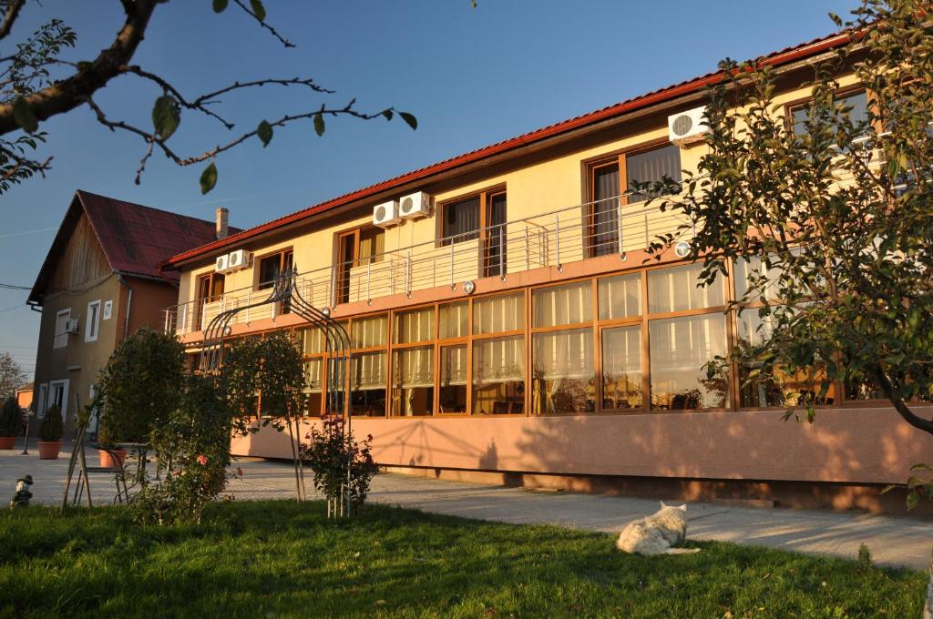 duży żółty budynek z mnóstwem okien w obiekcie Pension Andronic w mieście Timişoara