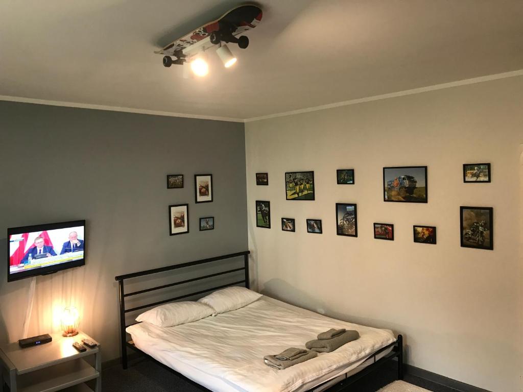 a bedroom with a bed and a flat screen tv at Sportowy Apartament nad Jeziorem in Olsztyn