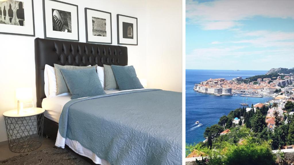 Schlafzimmer mit einem Bett und Meerblick in der Unterkunft Blue Star Apartments in Dubrovnik