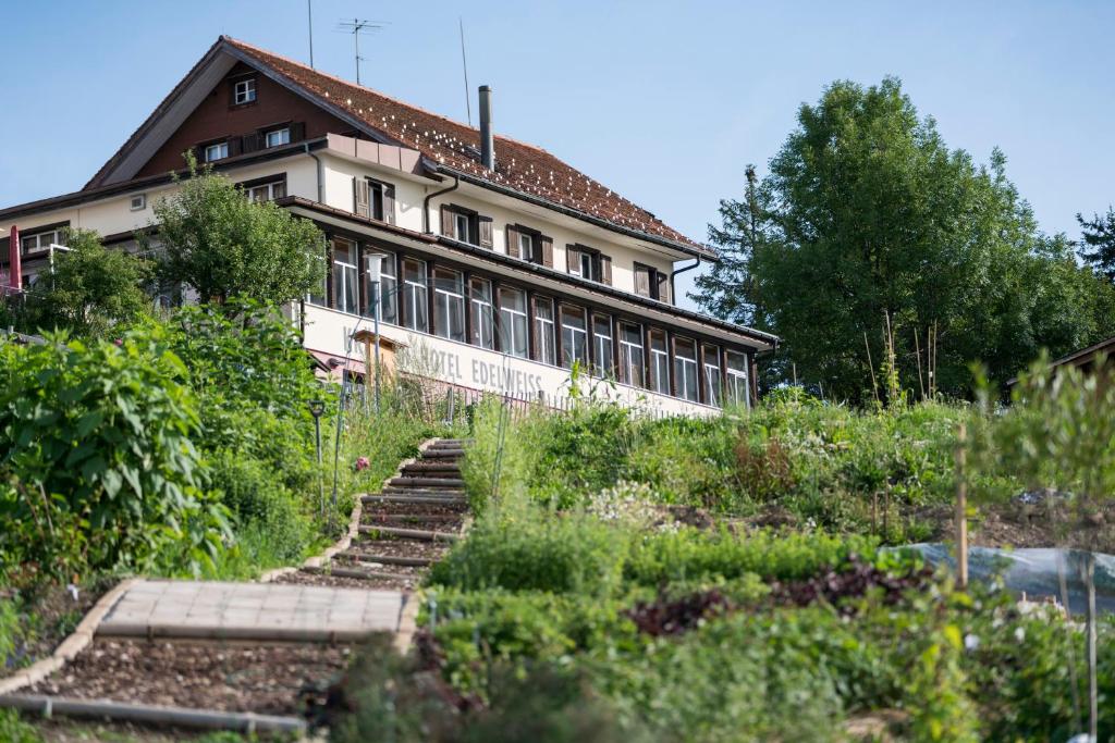 un bâtiment avec des escaliers en face d'un jardin dans l'établissement Kräuterhotel Edelweiss, à Rigi Kaltbad