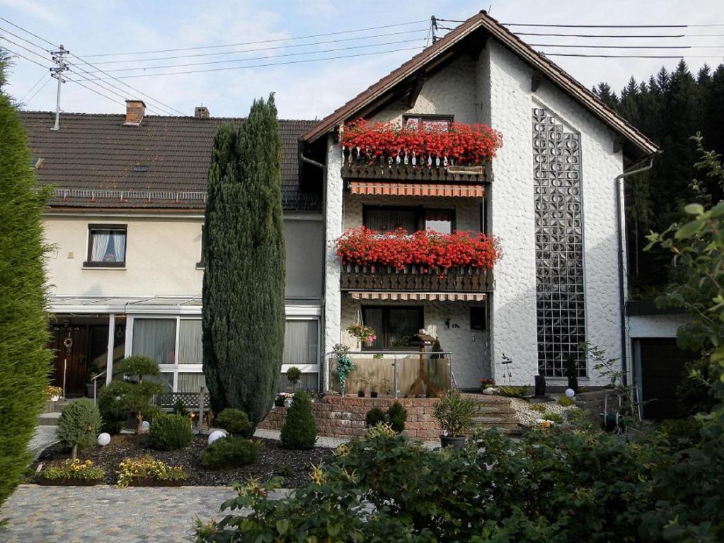 uma casa com flores vermelhas numa varanda em Ferienwohnungen Haus Waltraud em Steinwiesen