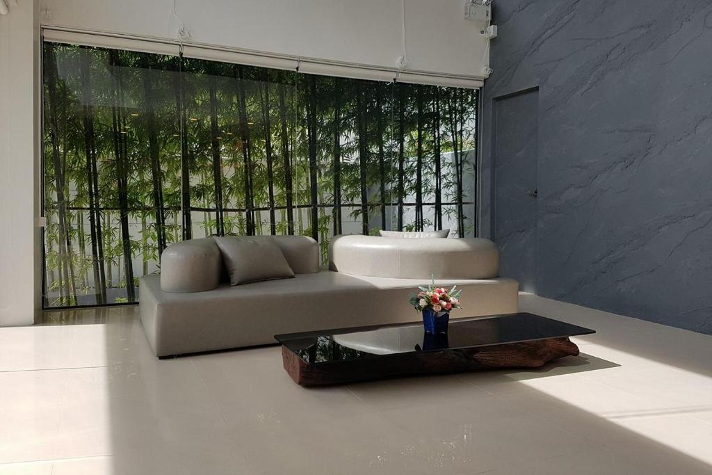 A bright lounge with a curved sofa, black coffee table and bamboo-filtered windows.