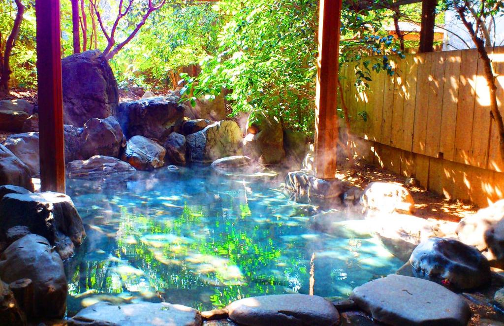 a pool of water with rocks in a backyard at Seiryuso in Misasa