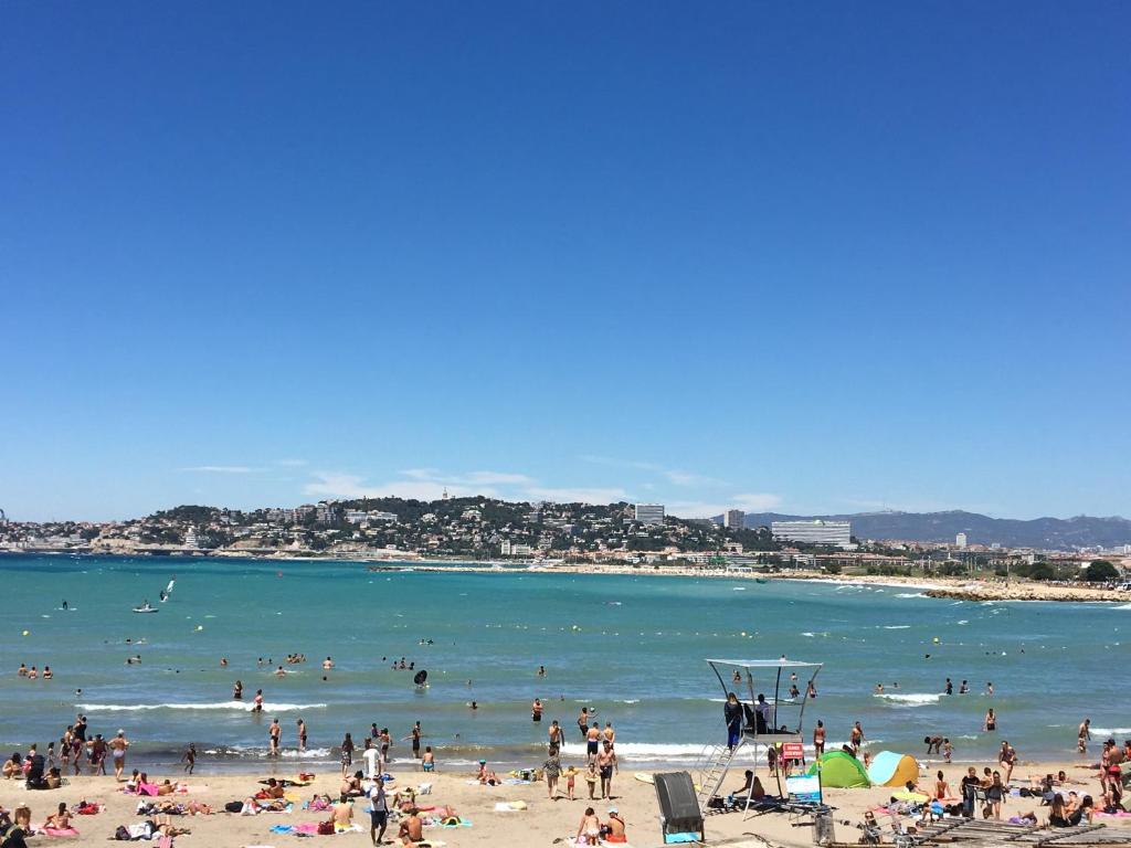 a group of people on a beach in the water at Quintessens in Marseille