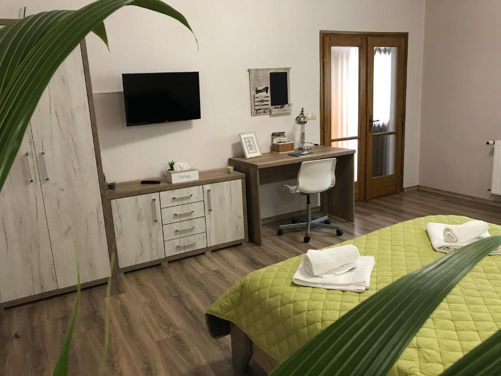 um quarto com uma cama, uma secretária e uma televisão em Origo Vendégház em Sárospatak
