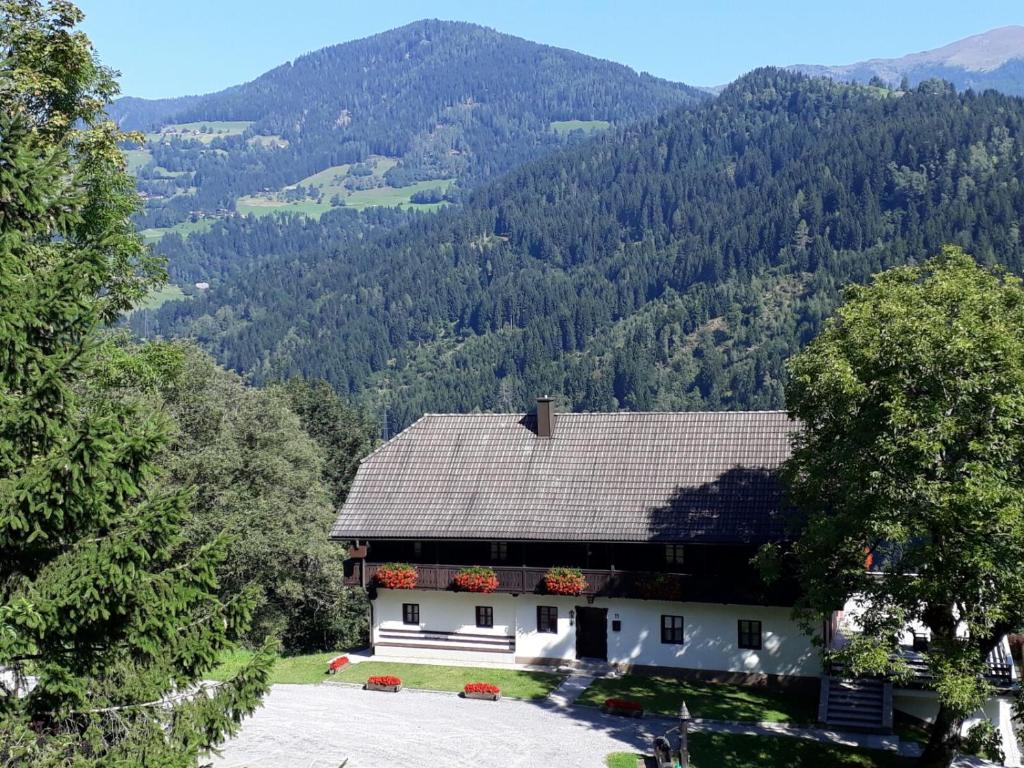 a large white house with a mountain in the background at Appartements Grafhube in Verditz