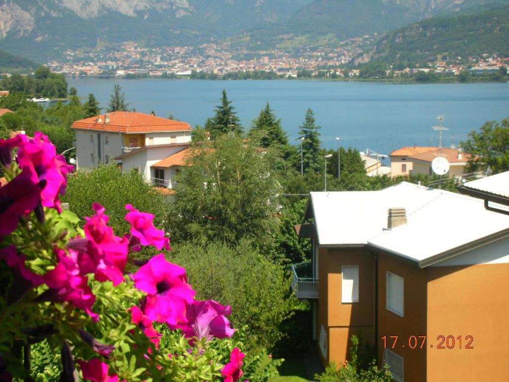 a view of a body of water with pink flowers at Ai Due Vecchi Ulivi in Garlate