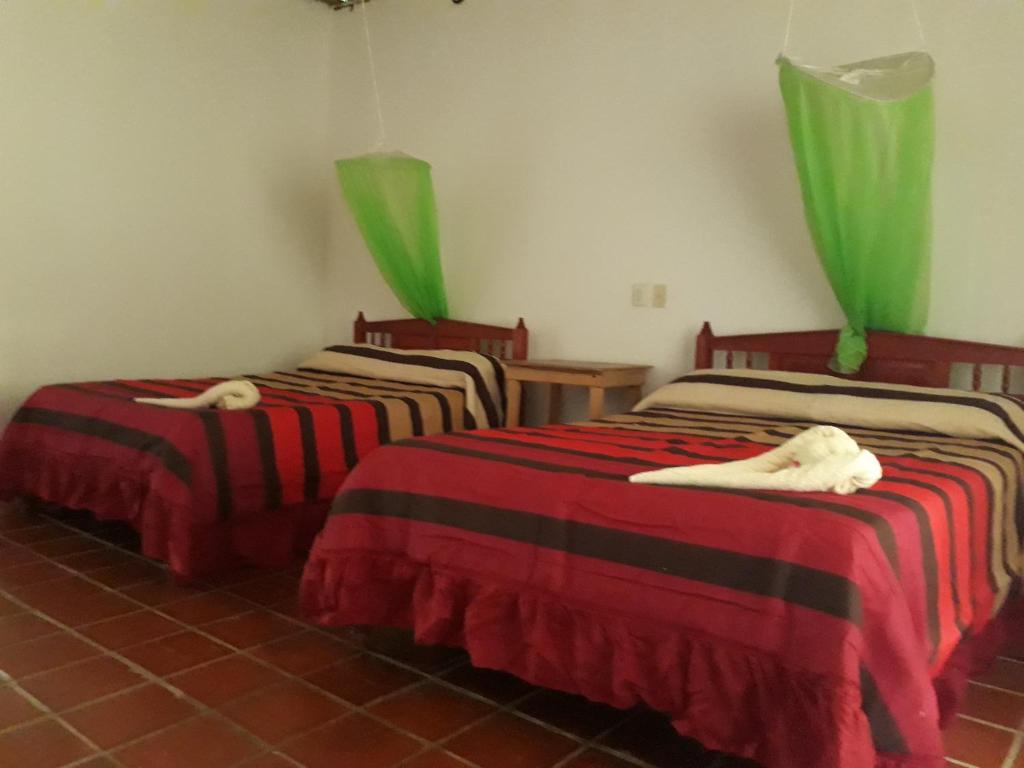 Centro Ecoturistico Ya´ajche في Lacanjá: سريرين يجلسون بجانب بعض في غرفة