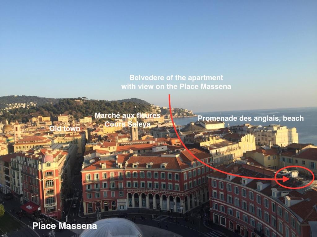 a view of a city with a red line at Apartment on Place Massena in Nice