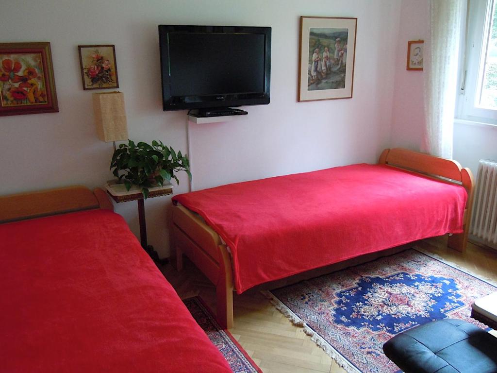 - un salon avec 2 lits rouges et une télévision à écran plat dans l'établissement Apartma Dobrna, à Dobrna