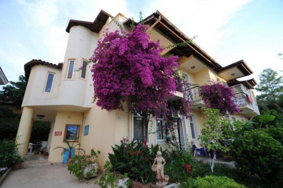 une maison avec des fleurs violettes sur son côté dans l'établissement Caretta Apart, à Fethiye