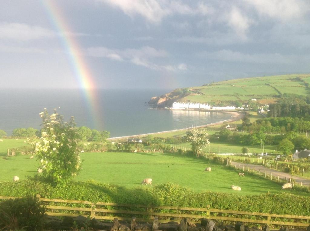 a rainbow over a green field with cattle and a beach at Beachview Cottage Co. Antrim in Cushendun