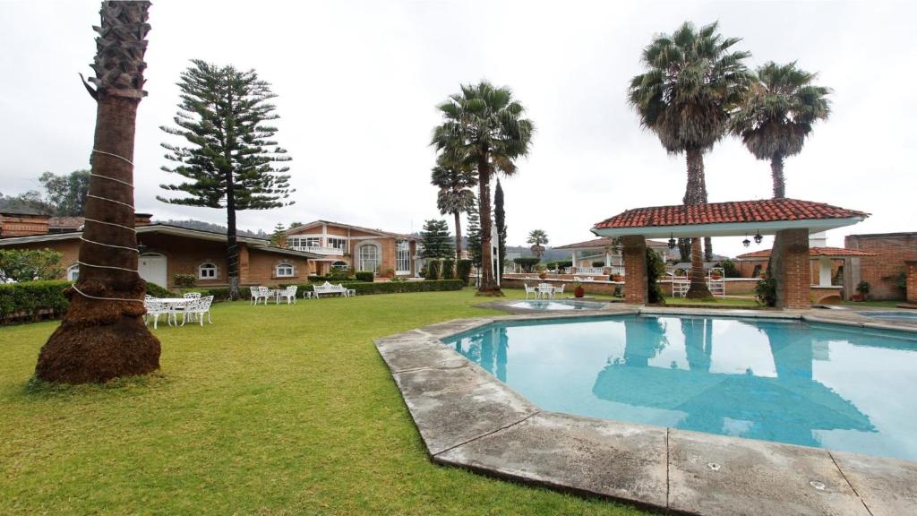 - une piscine dans une cour avec des palmiers dans l'établissement Hotel Villa Monarca Inn, à Zitácuaro