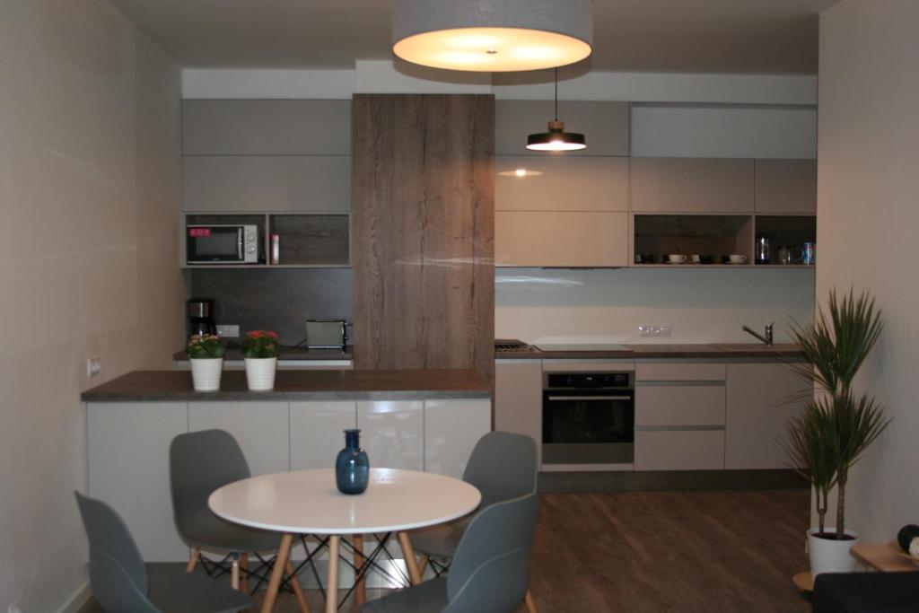 a kitchen with a table and chairs in a room at Karlín Apartment in Prague