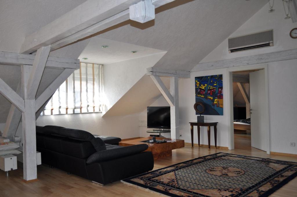 sala de estar con sofá y TV en Du Russel Suite, en Baden-Baden