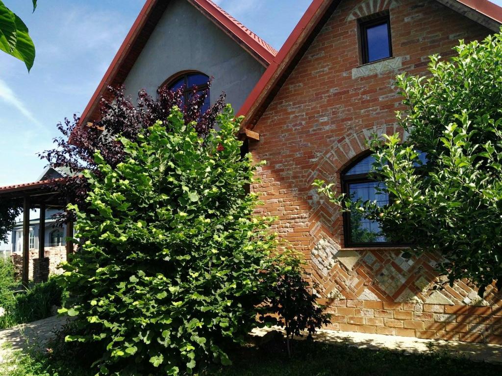 a brick house with two trees in front of it at Garden House in Ciorogârla