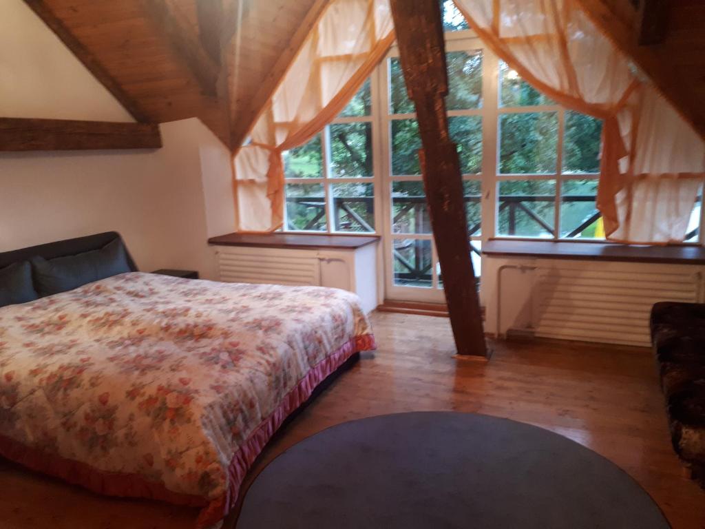 1 dormitorio con 1 cama en una habitación con ventanas en Gazdų Vandens Malūnas, en Navininkai