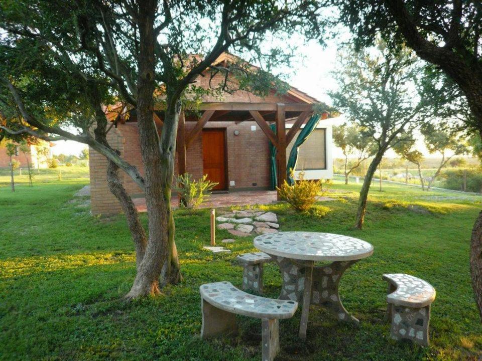 tavolo da picnic e panche di fronte a un edificio di Cabañas La Lucinda a Cortaderas