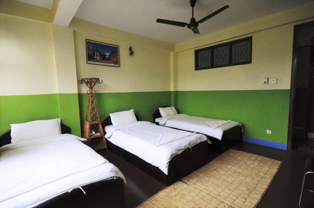 two beds in a room with green walls at Metro Eco Hotel in Kathmandu