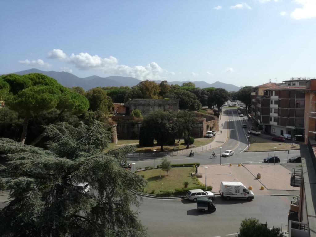 una strada cittadina con auto parcheggiate in un parcheggio di Treehouse a Pisa