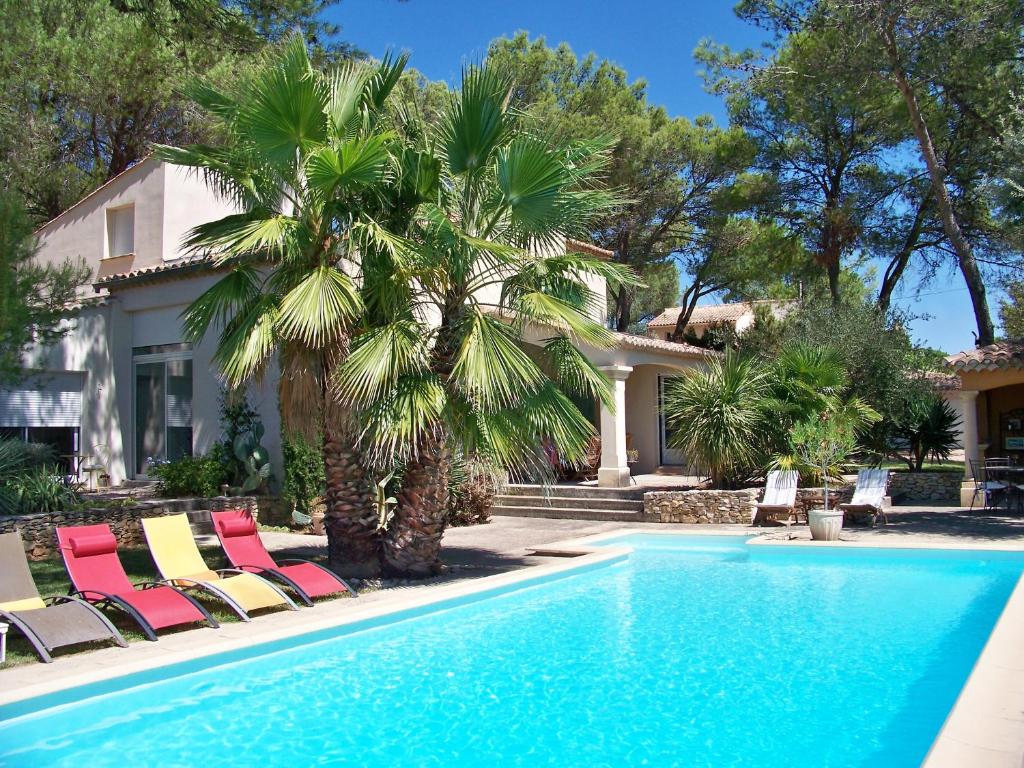 a pool with chairs and a palm tree and a house at Sous les pins in Nages-et-Solorgues