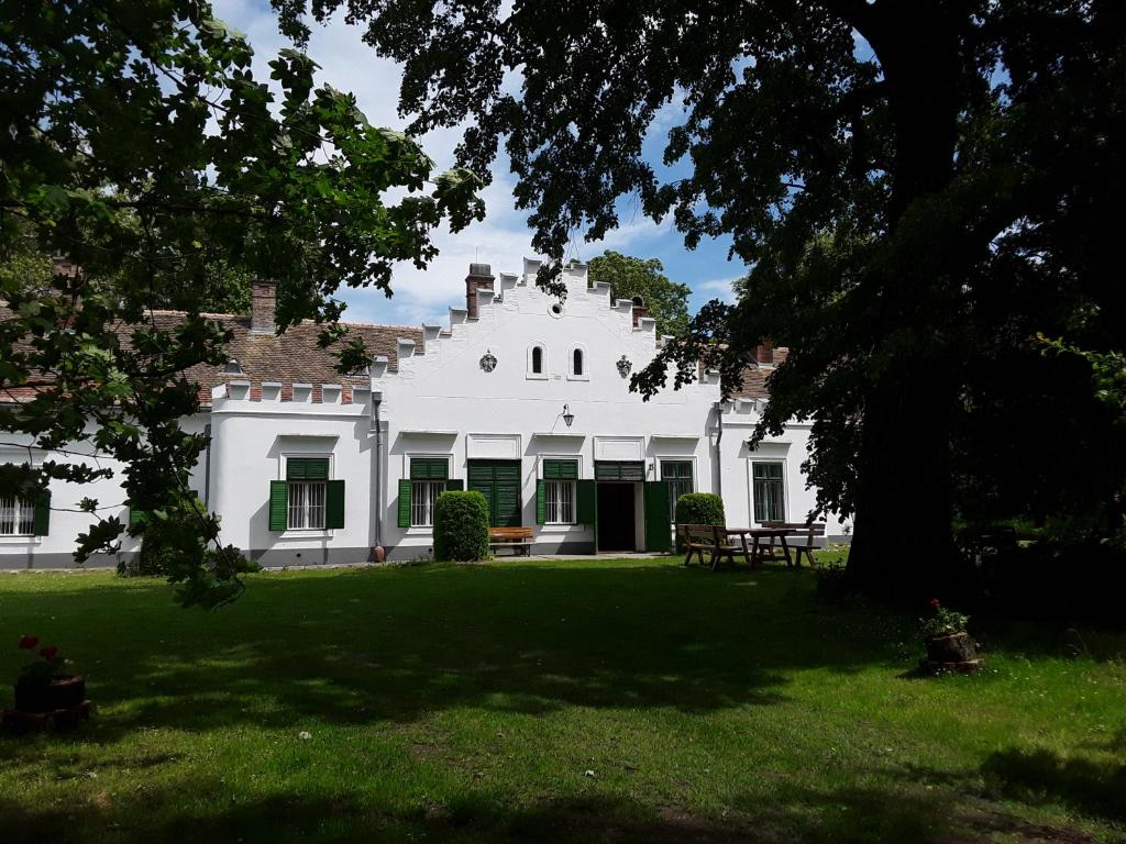 una gran casa blanca con una mesa de picnic en el patio en Igmándy kúria, en Nagybajom