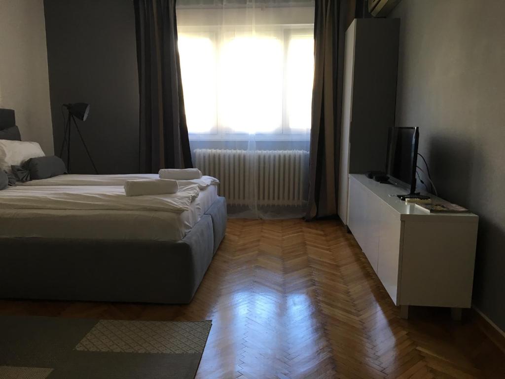a bedroom with two beds and a television and a window at Apartment Silver in Belgrade