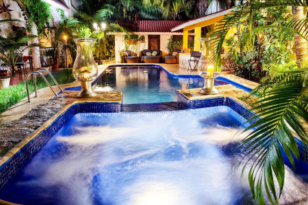 a swimming pool in a yard with a palm tree at Hacienda Boutique B&B and Spa Solo Adultos in Cozumel