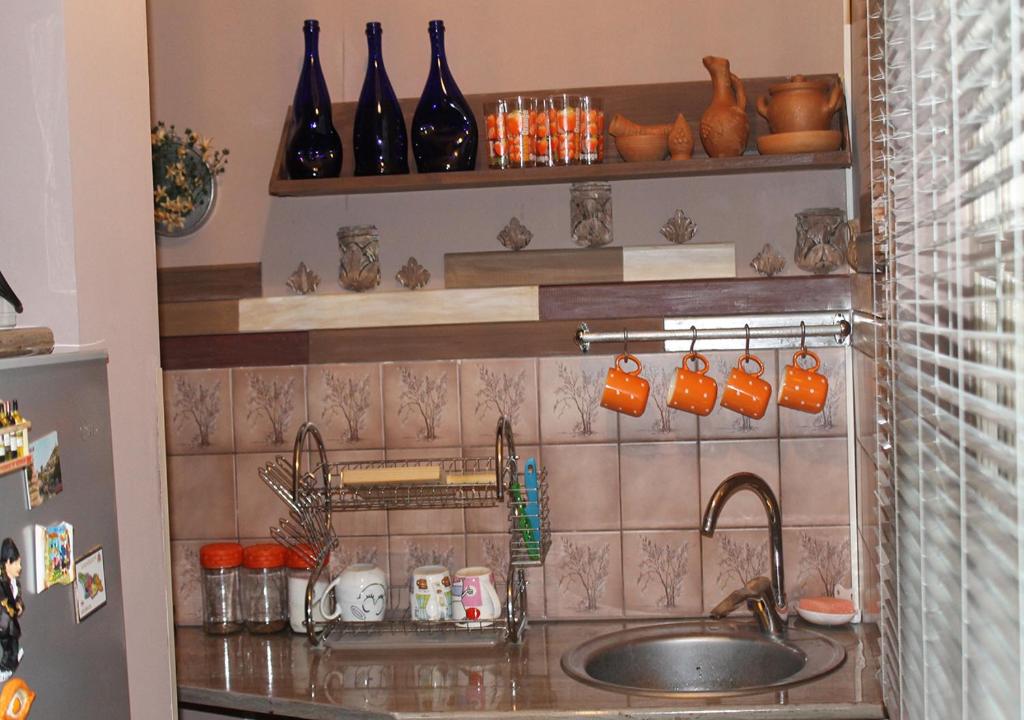 una cocina con fregadero y estanterías con jarrones en Old castle Apartment, en Tiflis