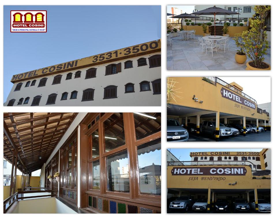 a series of photos showing a building and a bus at Hotel Cosini in São Sebastião do Paraíso