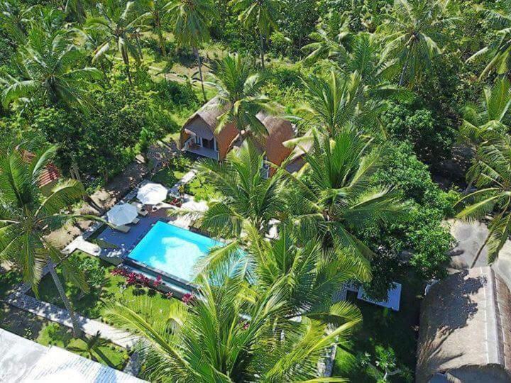 an overhead view of a resort with a pool and palm trees at Bintang Bungalow in Nusa Penida