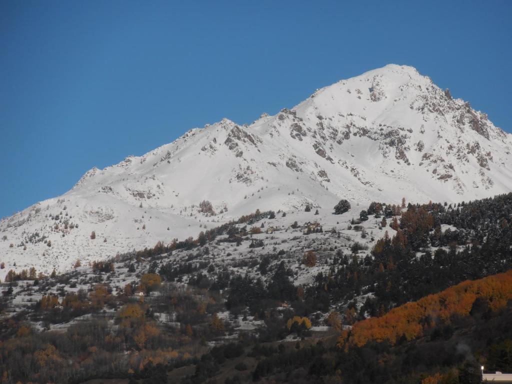 una montaña cubierta de nieve con árboles delante de ella en Le chalet, en Briançon