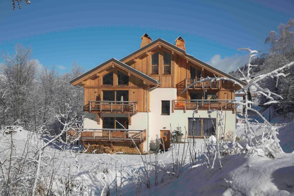 a log home in the snow with snow covered trees at Chalet ChampBenoit in Valmorel