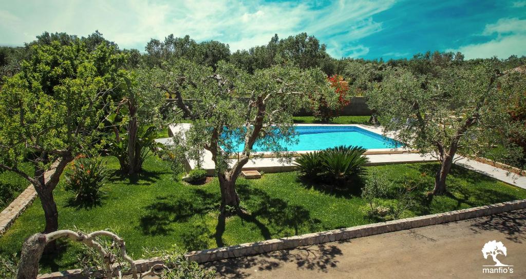 an overhead view of a swimming pool in a garden with trees at Manfio's in Ruffano