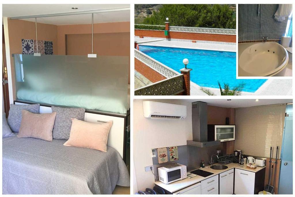 un collage de fotos de un dormitorio y una piscina en Sitges Studio, en Sitges