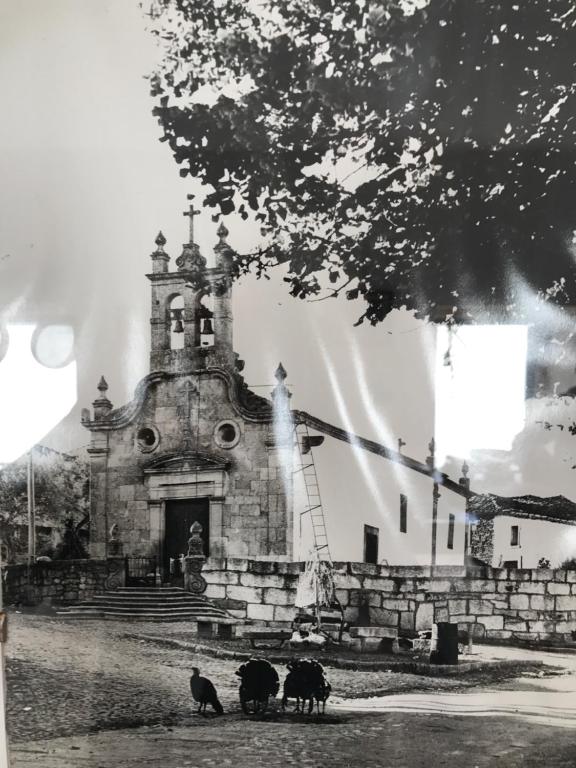 una vieja iglesia con tres animales parados frente a ella en Agroturismo Casal de Castro, en Avantos