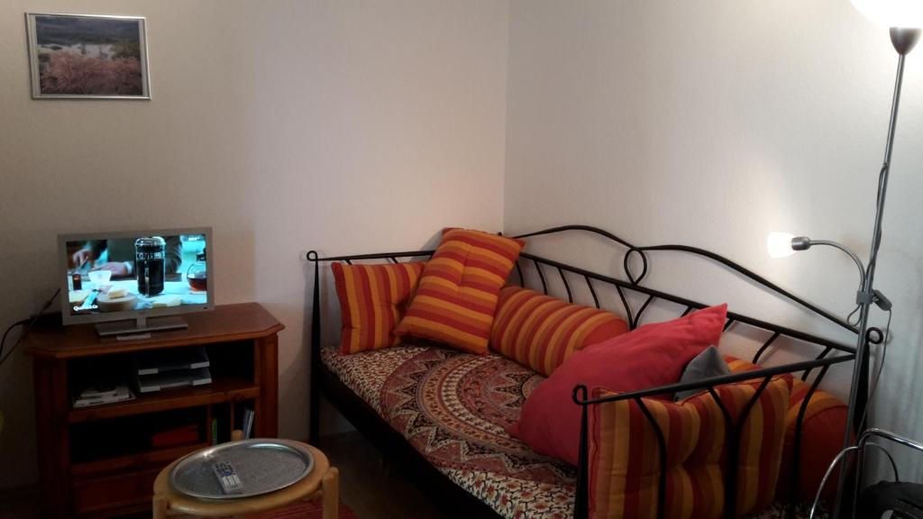 コンスタンツにあるAltstadtapartment Baumkroneのベッド1台(枕付)、テレビが備わる客室です。