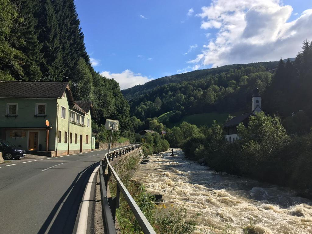a road next to a river next to a mountain at Large Family Holiday Home Siren Stays in Leoben