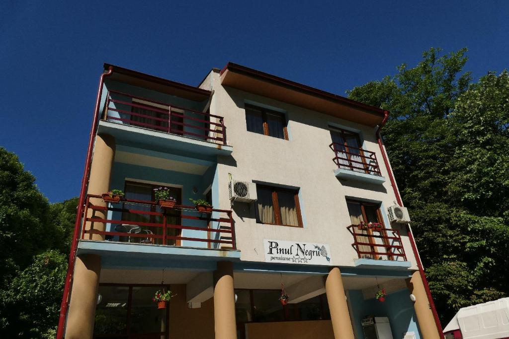 ein Gebäude mit einem Schild an der Seite in der Unterkunft Pensiunea Pinul Negru in Băile Herculane