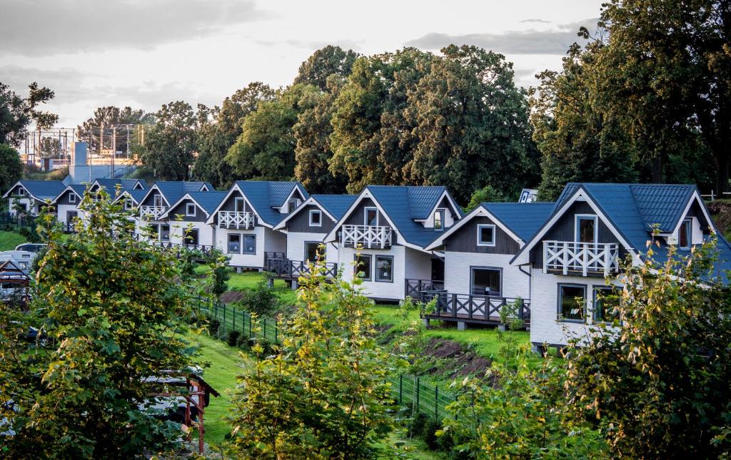 a row of houses with blue roofs at Magnolia Pokoje Gościnne in Malbork