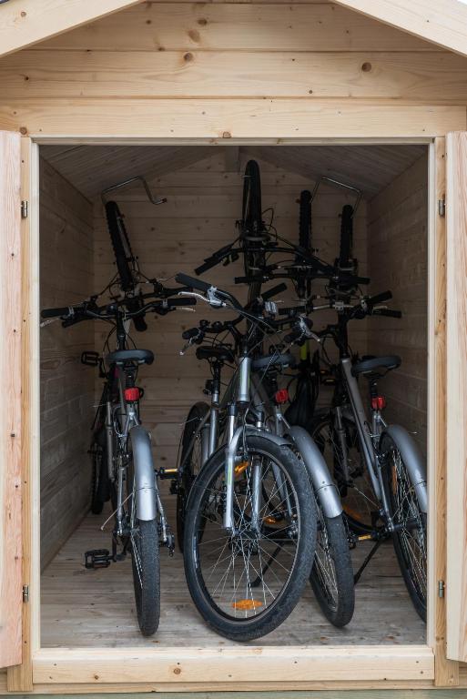 a group of bikes parked in a garage at Tangs in Ísafjörður