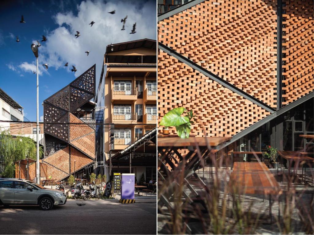 two pictures of a building with birds flying around it at Muan Hotel in Chiang Mai