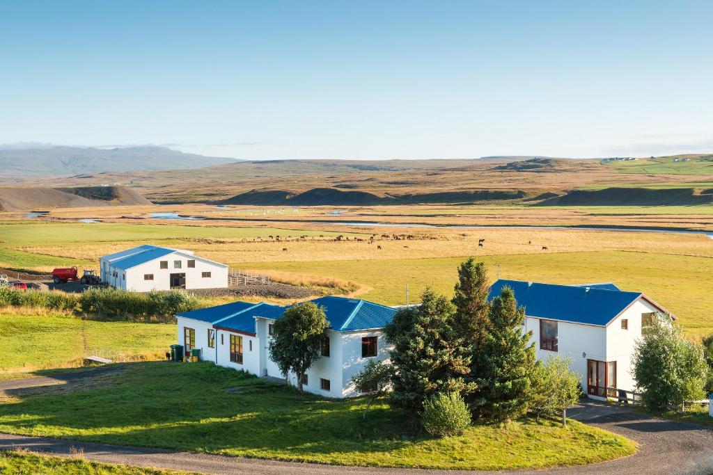 an aerial view of a white house with blue roofs at Brekkulækur Guesthouse in Laugarbakki