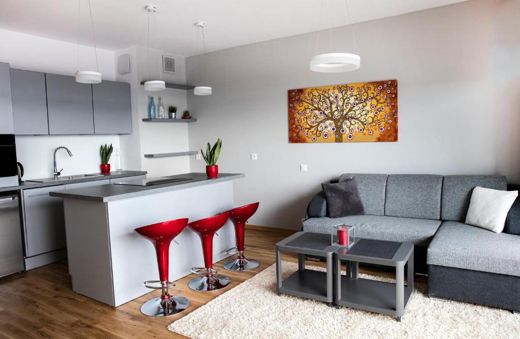 Kuchyň nebo kuchyňský kout v ubytování Apartamenty I.M.A Towarowa