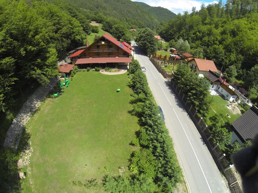 an aerial view of a house with a large green yard at Cabana Perla in Cugir