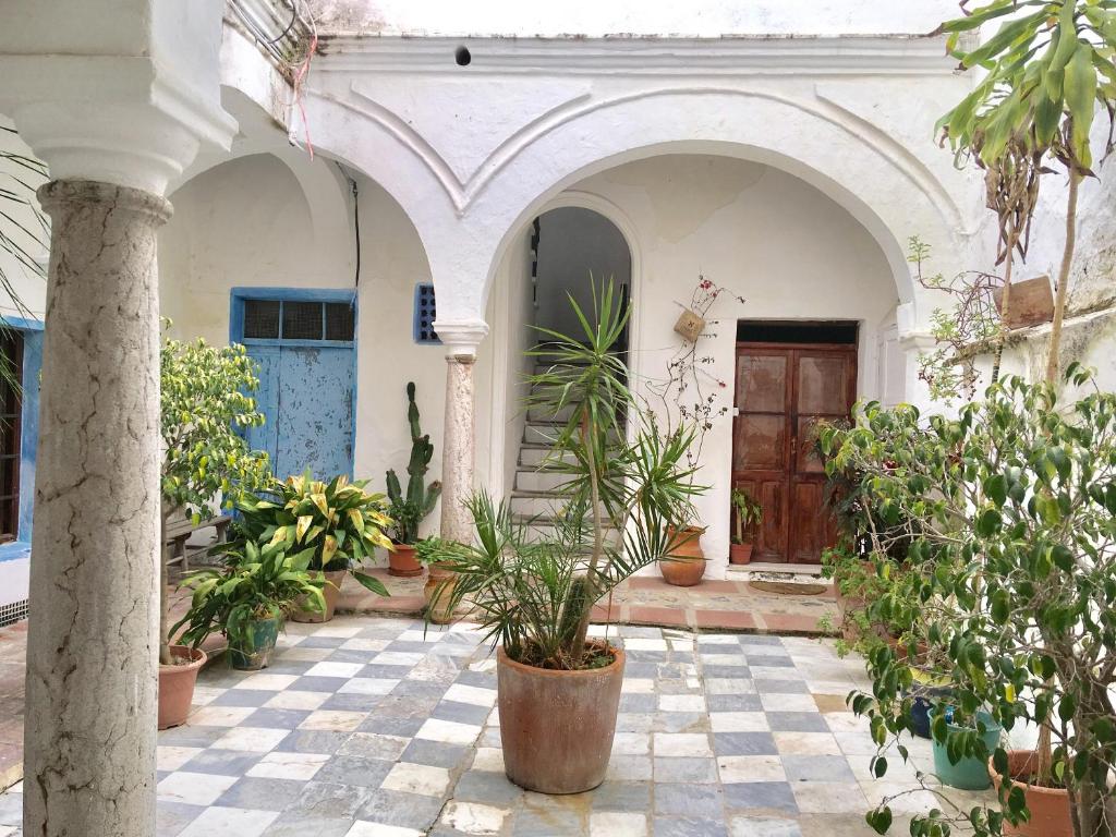 a courtyard with potted plants in front of a building at Casa del Patio in Tarifa