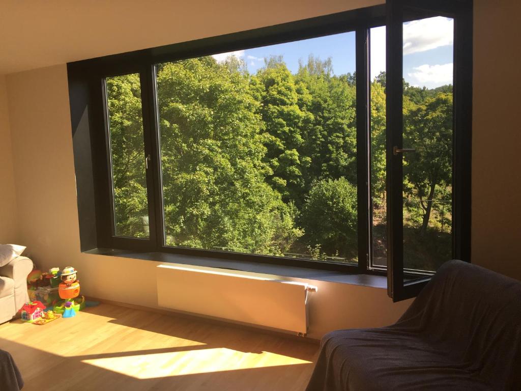 卡羅維發利的住宿－Triplex Residence, Lux-appartment in the central part，客房设有大窗户,享有树林美景。