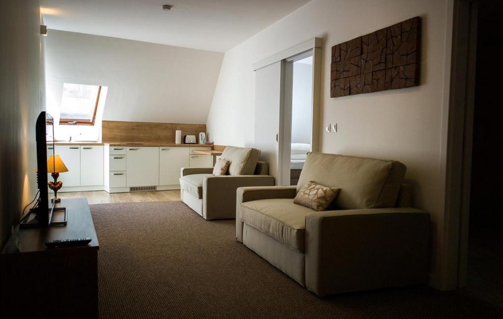sala de estar con sofá y cocina en A7 Apartments en Komárno