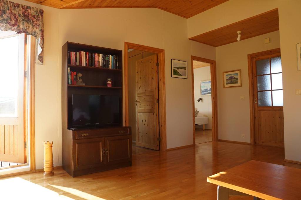 a living room with a television and a book shelf at Hólmavað Guesthouse in Aðaldalur